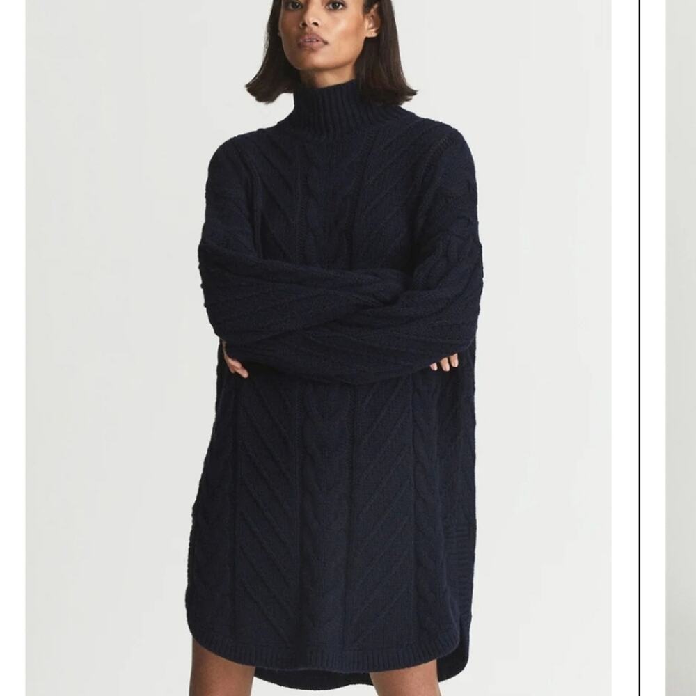 REISS Laura Navy Blue Cable Knit Tunic Sweater Dress Roll Mock Neck Mini XS NWT